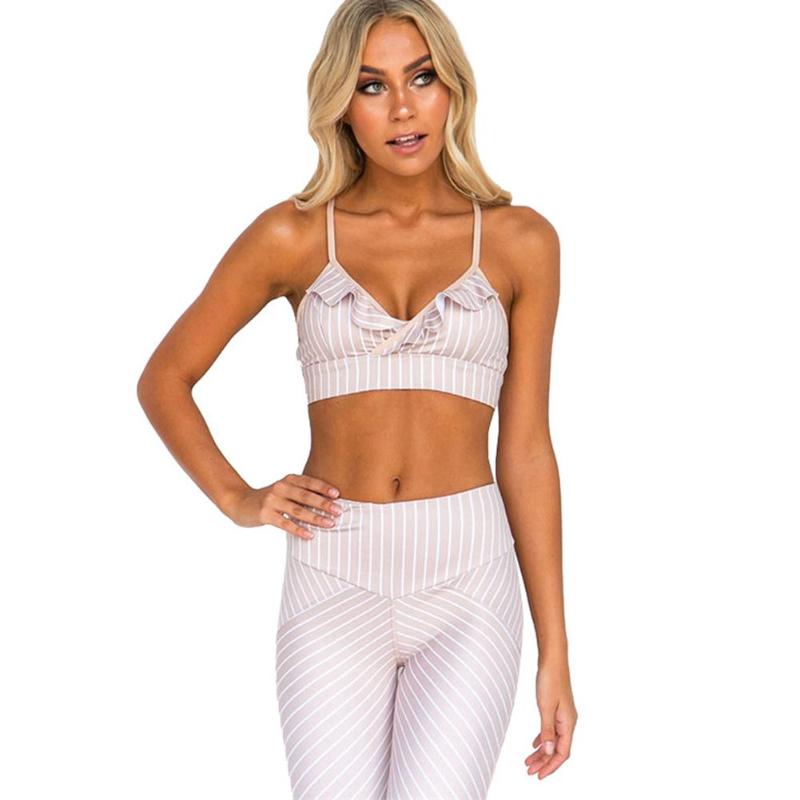 

Women' Striped Lace Yoga Fitness Suit Ruffled Top Sports Fitness Set, As pic