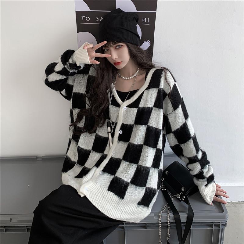 

New autumn and winter Korean retro plaid knitted loose V-neck cardigan sweater women, As pic