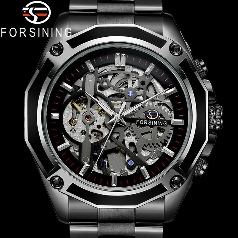 

FORSINING Automatic Mechanical Men Wristwatch Military Sport Male Clock Top Brand Luxury Black Steel Skeleton New Man Watch 8130 Y1214, Fs813006 with box