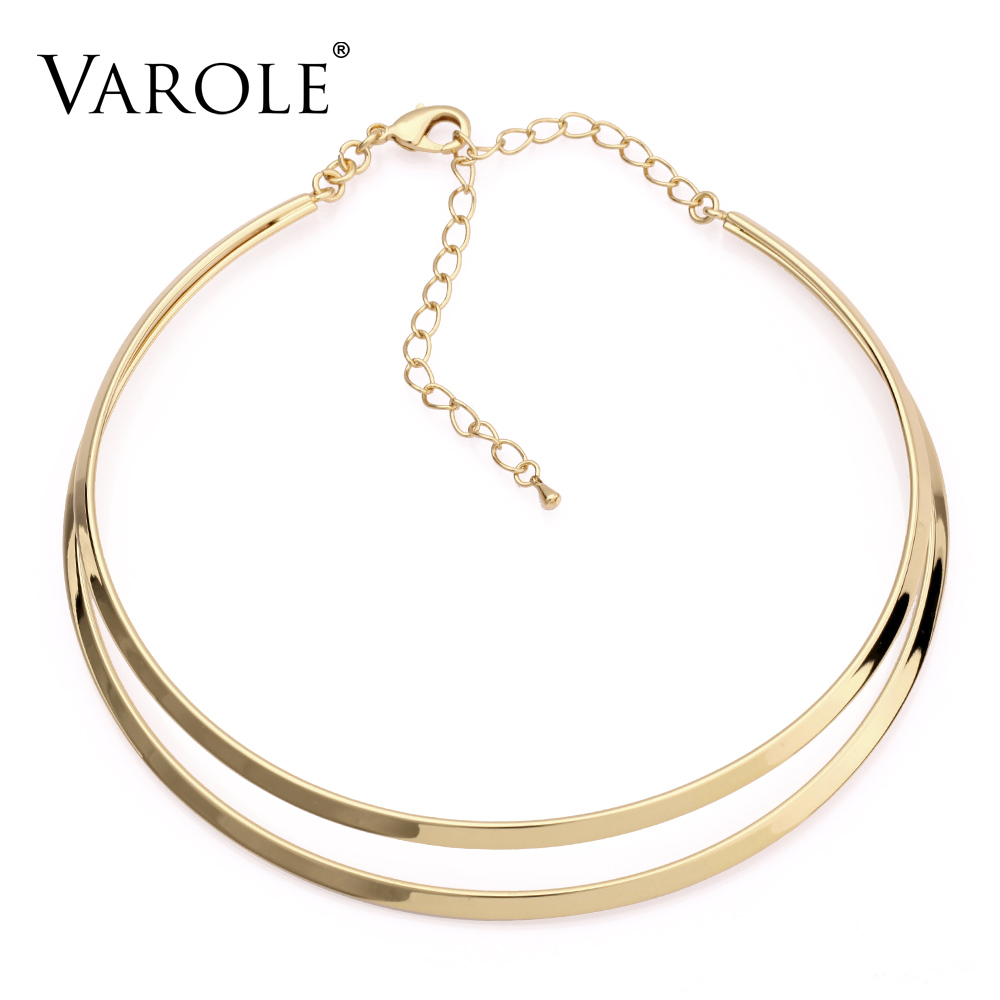 

VAROLE Fashion Double Lines Gold Color Torque Choker Necklaces For Women Statement Maxi Collier Jewelry Colar Feminino