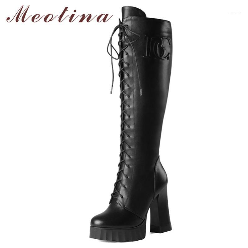 

Meotina Winter Knee High Boots Women Genuine Leather Platform Chunky Heel Long Boots Zip Extreme High Heel Shoes Female Size 391, Black