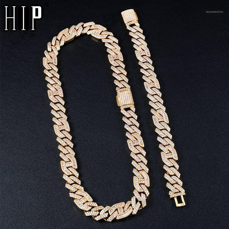 

Hip Hop 14MM 2 Row Heavy Prong Baguette Curb Chain Iced Out Box Buckle Copper + CZ 2Set Chain Bracelet For Men Jewelry1