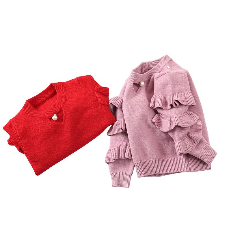 

New 2020 Autumn Baby Sweaters Winter Kids Knit Infant Sweater Children Ruffles Sleeve Sweaters Girls Basic, Red