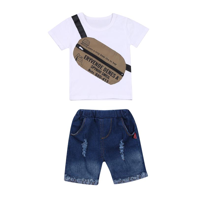 

OPPERIAYA 2Pcs Baby Boys Casual summer Suit Round Neck Short Sleeve Messenger Bag Print T-shirts Loose Ripped Jeans Daily Life, White