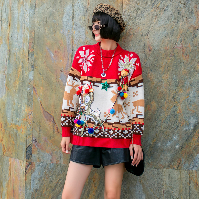 

20th Christmas high neck waitmore lazy loose wind heavy industry sequins tide brand retro sweater, Red