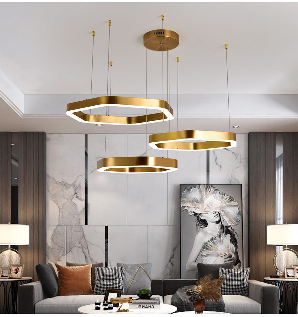 

modern led chandelier for living room Hexagon combined ring lamps home decor gold stainless steel hanging lighting fixture