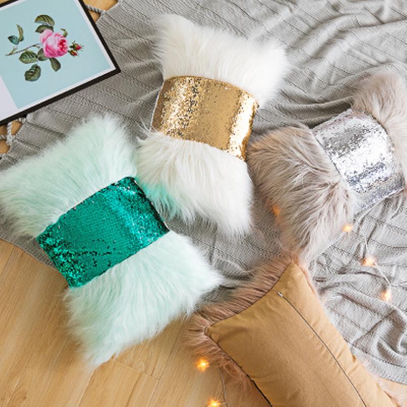 

30*50 cm Nordic Pillow Cover Rectangular Cushion Long fluffy Sequin bow waist Sweet Princess Sofa Car Cushion Waist Pillow Case, Green