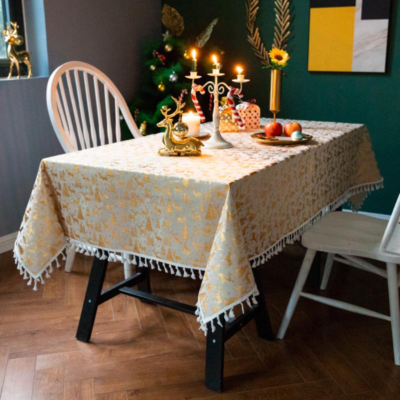 

Fashion Simple Table Cover Christmas Tree Elk Tableclothes Cotton Linen Blend Gold Table Covers Tassel Edge Dining Cloth, No.2