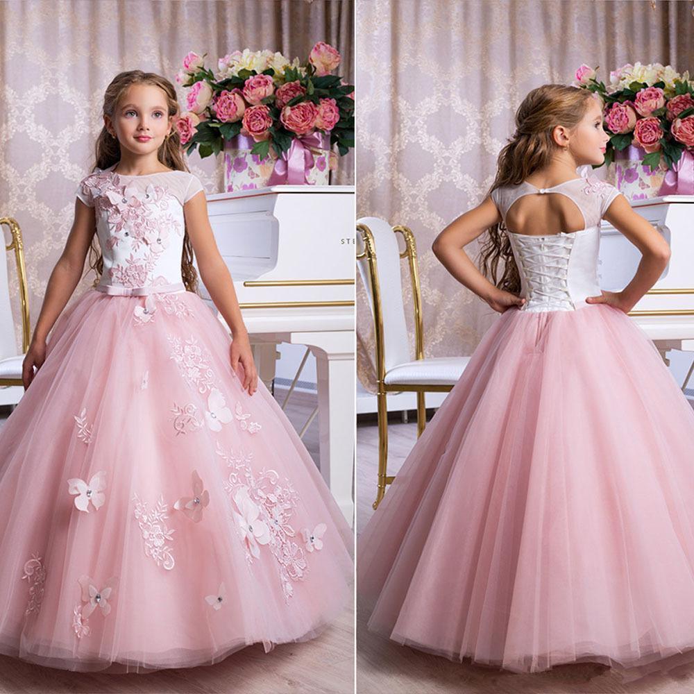 

2021 Pink Tulle A Line Flower Girls Dresses Jewel Neck Cap Sleeves Handmade Flowers Wedding Party Pageant Gowns For Little Girls Kids AL8615, Brown