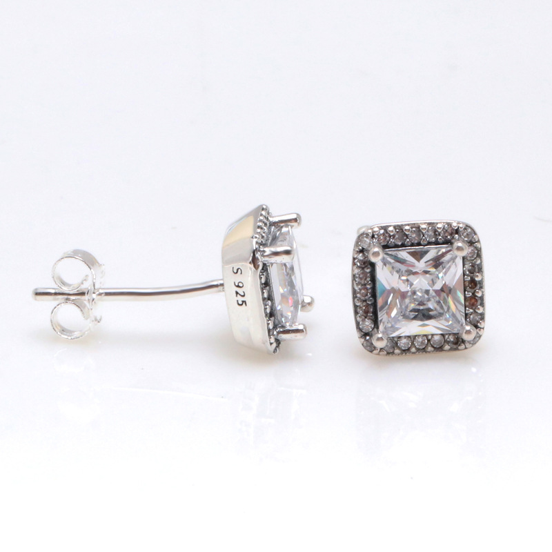 

925 Sterling Silver Square Big CZ Diamond Earring Fit Pandora Jewelry Gold Rose Gold Plated Stud Earring Women Earrings, Golden;silver