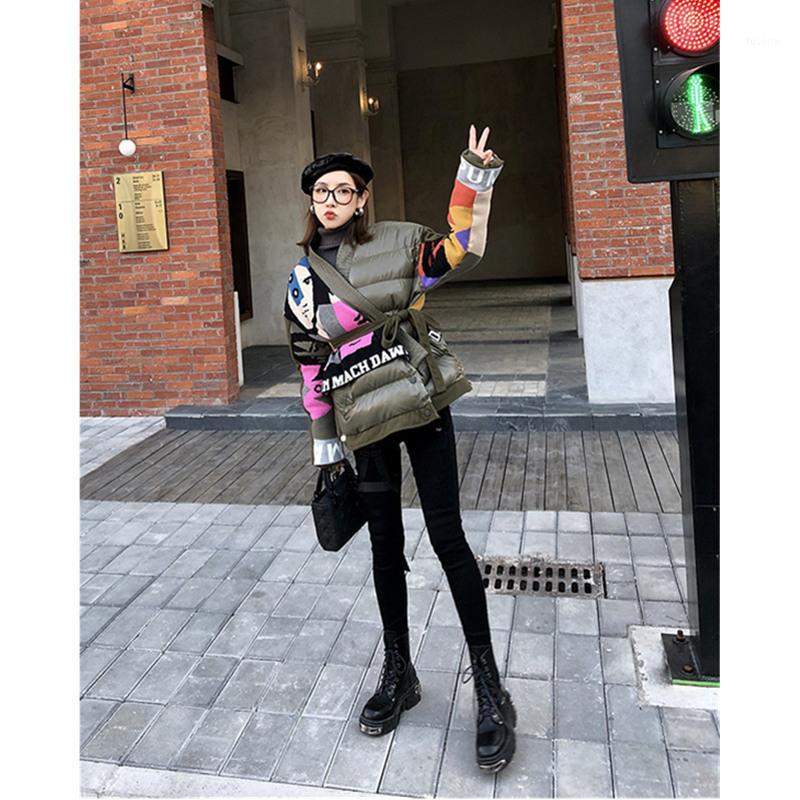 

winter European goods New new knit pattern stitching V-neck tie cotton coat female loose long coat1, Black