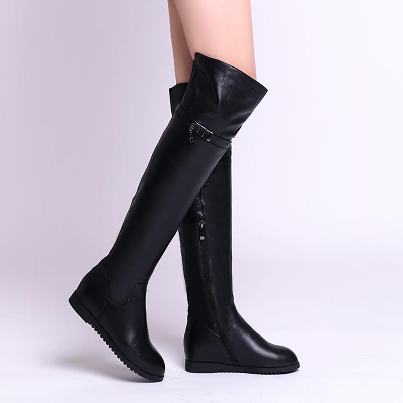 

Height Increasing Strap Pendant Design Stylish Long Boots For Women 2020 Latest Sexy Lady Shoes Natural Leather Female Heel Boot, Black-short plush
