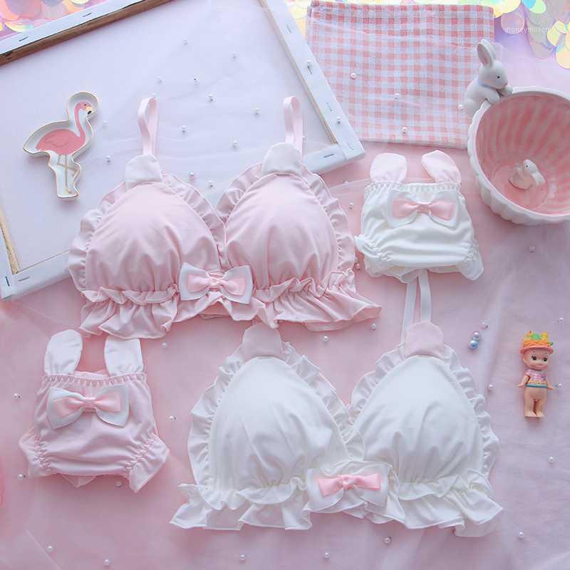 

Japanese girl heart soft ears no rim underwear set loli student cute soft sister Lolita triangle cup bra set1, White