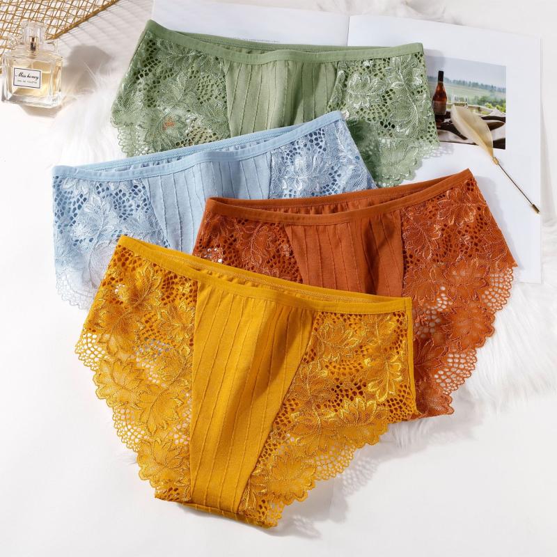 

3pcs/lot Fashion Cotton Lace Underwear Women Panties Sexy Briefs Seamless Lingerie XXL Large Plus Size Girls Bikini Traceless, Beige