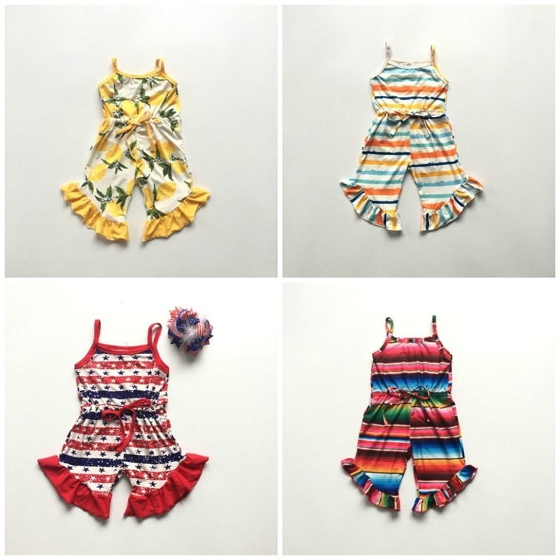 

summer baby girl sleeveless cotton serape lemon stripe July 4th ruffle boutique romper tutu clothes One-piece garment jumpsuit Y200325