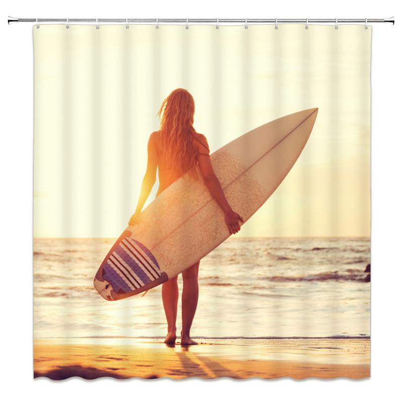 

Ocean Girl Surf Shower Curtains Beach Scenery Starfish Shell Bathroom Decor Home Bathtub Waterproof Polyester Curtain Set