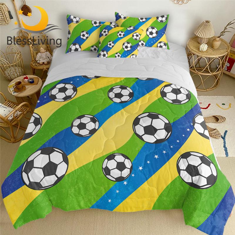 

BlessLiving Sports Thin Quilt Football Air-conditioning Cool Blanket Yellow Green Blue Bedspread Wave colchas de verano 4pcs