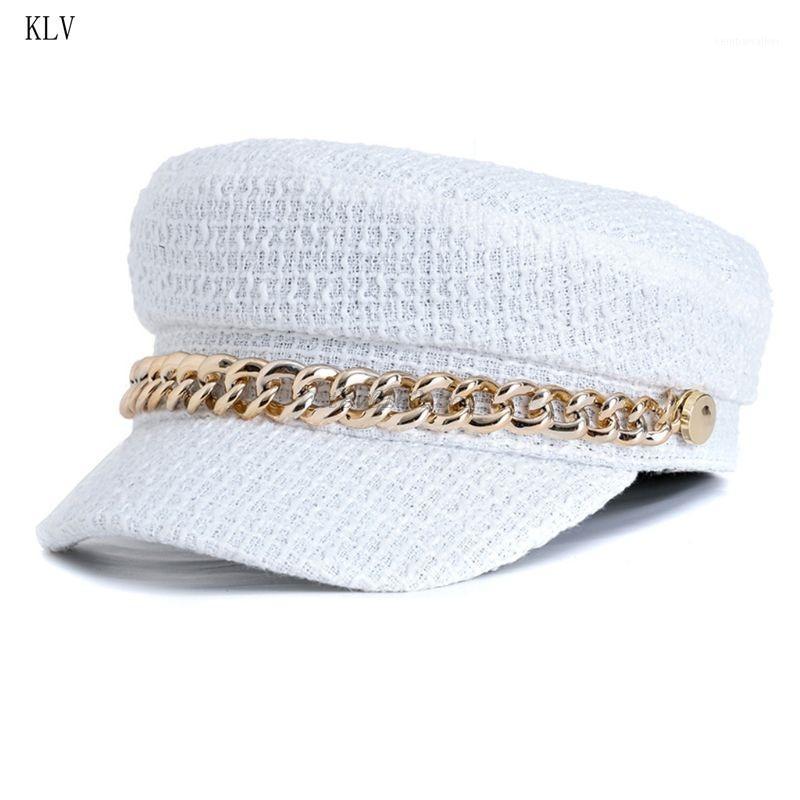 

Berets Womens Retro Plaid Weave Flat Top Beret Cap Metal Chain Rope Solid Color Elegant Adjustable Sboy Visor Navy Hat1, White