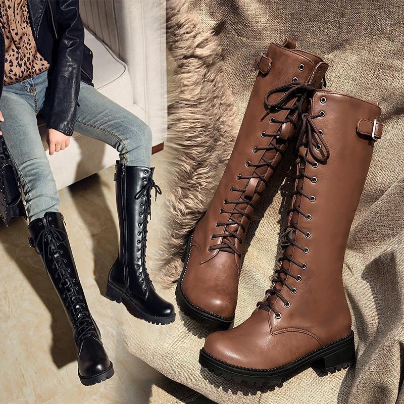 

2020 Autumn Below Knee High Boots Lace Up Cross Tied Buckle Womens Chunky Heels Long Knight Biker Boots Ladies Shoes 431, Beige