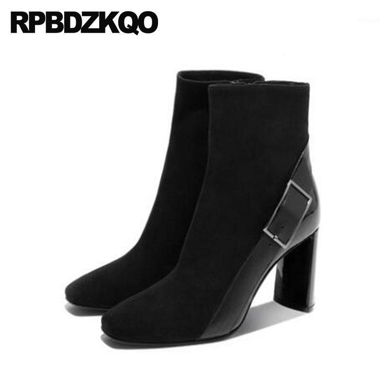 

Chunky Suede Belts Autumn Women Side Zip Boots 2020 Genuine Leather Luxury Booties Square Toe Patchwork High Heel Short Shoes1, Black