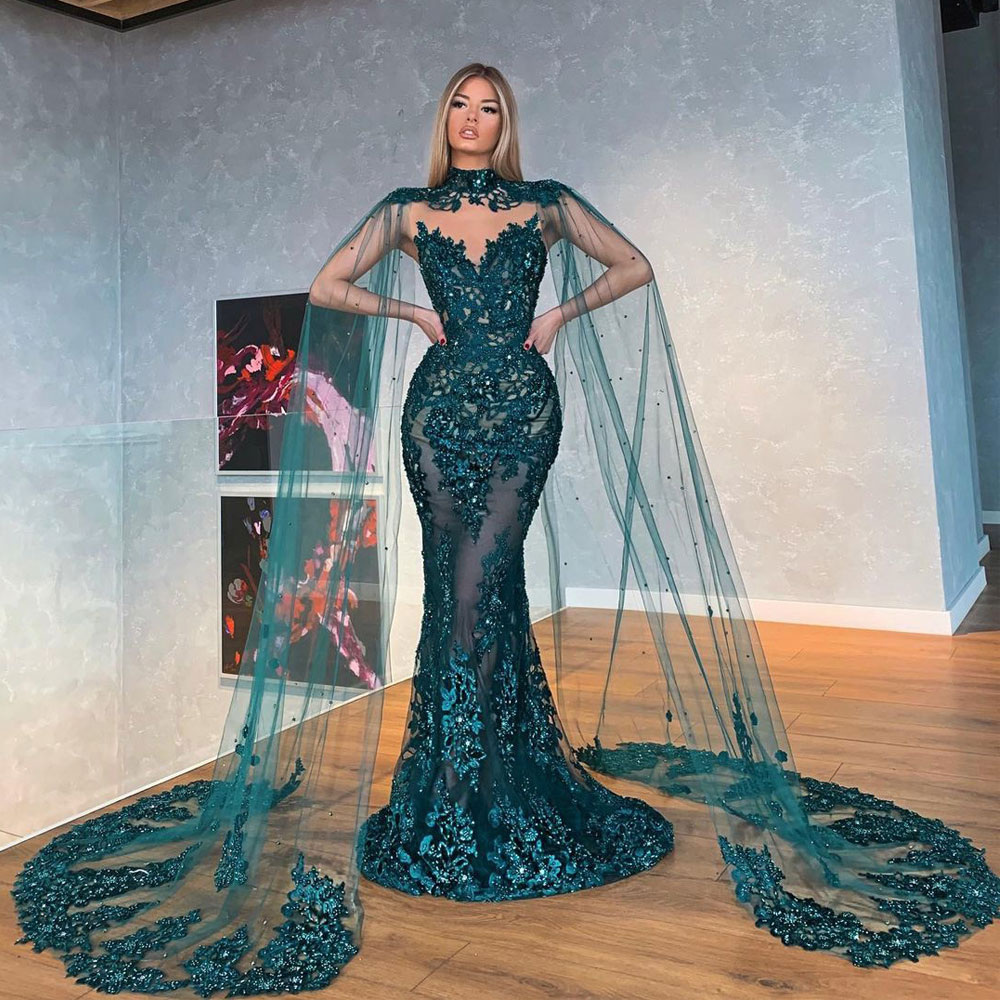 

Dark Green Lace Mermaid Evening Dresses With Detachable Wrap Sweetheart Neck Sequined Prom Gowns Plus Size Floor Length Formal Dress, Beige
