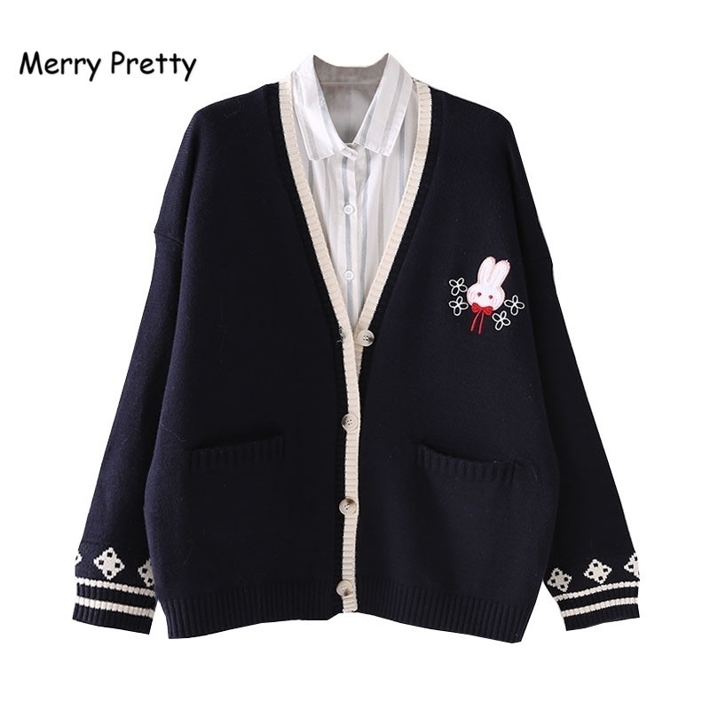 

Merry Pretty Winter Rabbit Embroidery Cardigans Women Jacquard Knitting Single-breasted Double Pocket V-neck Sweet Sweaters Top 201123, Navy blue