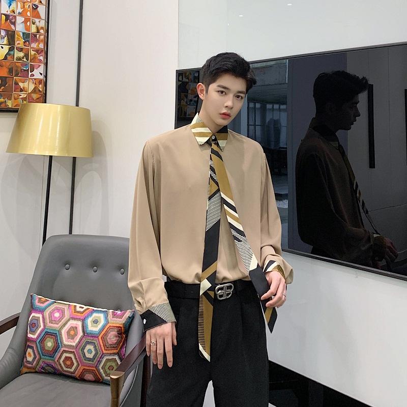

Men Vintage Splice Collar Bow Tie Long Sleeve Casual Loose Shirts Japan Korea Style Male Fashion Show Dress Shirts Stage Clothes, 3922