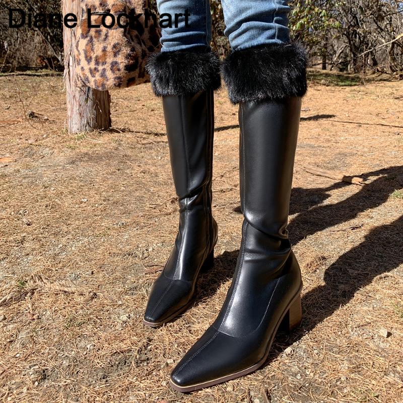 

Winter Warm Fur Knee High Boots Women Beige High Heel Long Boots Lady Zipper Pointed Toe Shoes Femmes Bottes Large Size