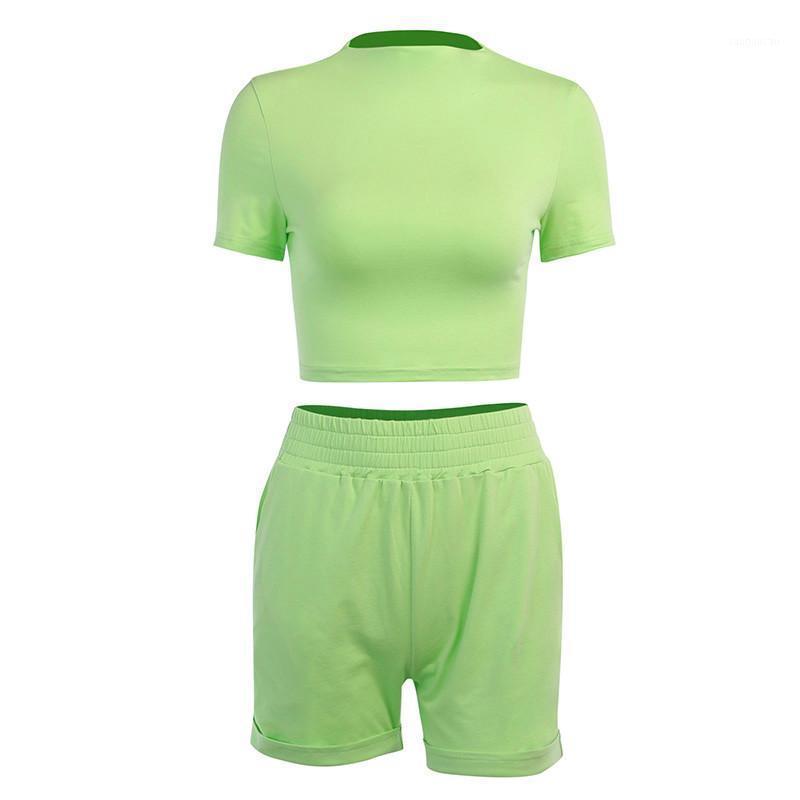 

2 Pieces Suit Set, Solid Color Round Neck Short Sleeve Crop Top and Shorts for Women, /M/L1, Green