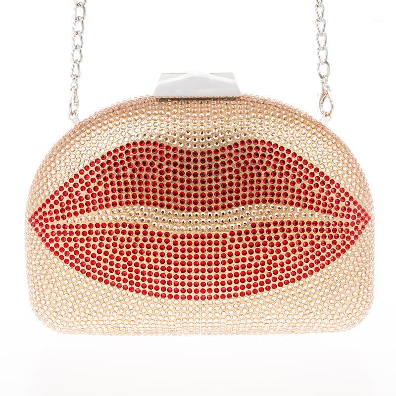 

New Arrival Clutch Purse Gold Crystal Red Mouth Shape Diamond Shoulder Crossbody Handbags Hot Sell Long Chain Party Phone Bag1