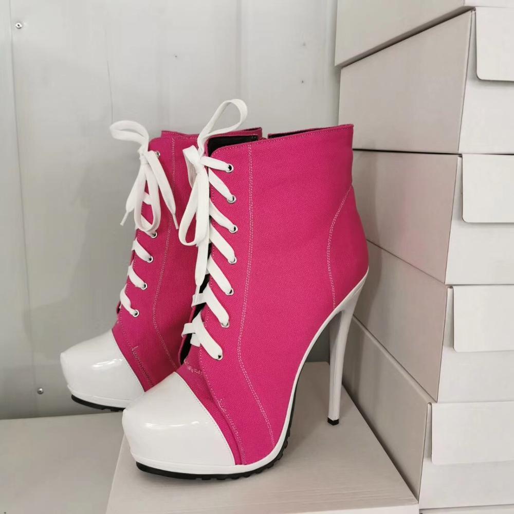 

Red Pink Ladies Cowboy Cloth Lace Up Women's Ankle Thin High Spring Heels Leisure Short Boots 0ym5, Rose.