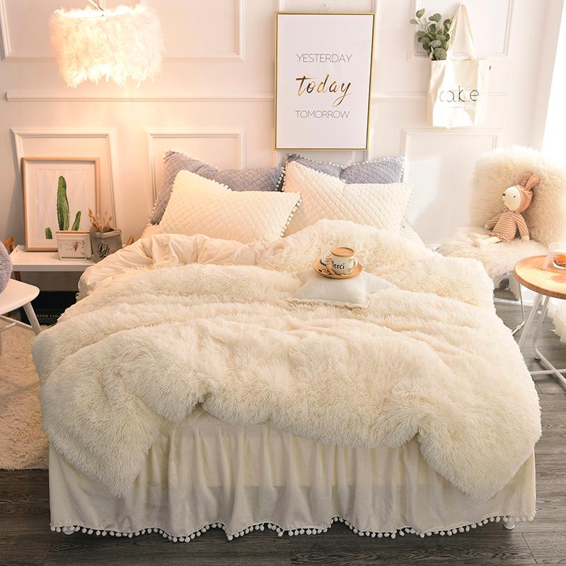 

Luxury Plush Shaggy Duvet Cover Set Quilted Pompoms Fringe Ruffles Bedskirt Pillow Shams Bedding Set  Full Queen King 4/6PCS, Bedding set 8