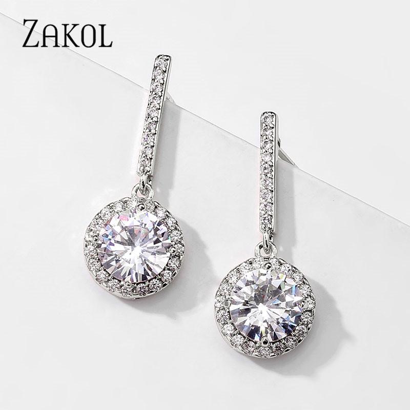 

Dangle & Chandelier ZAKOL Luxurious Shiny White Round Cubic Zirconia Wedding Party Small Clear Earrings For Women Girls Jewelry Gift FSEP243