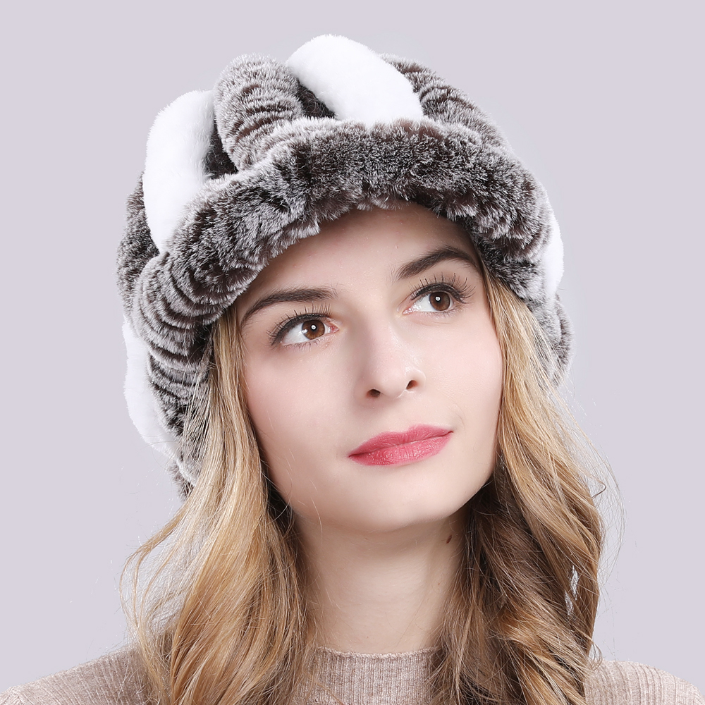 

2020 Russian hot sell winter striped female genuine mesh skin skullies real soft hat rex rabbit skins beanies hats, Coffee and red