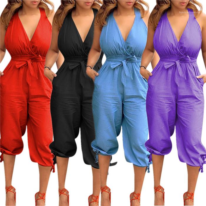

Jumpsuits Sexy V Neck Backless Casual Bandage Rompers Pleated Sleeveless Capris Pants Women Clothes 2021 Spring Summer Womens, Black;white