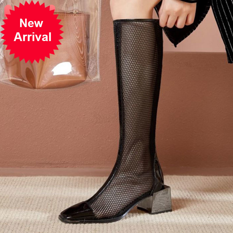 

Top quality summer square heels woman high knee sexy boots party nigh club women shoes size 34-39, Black.