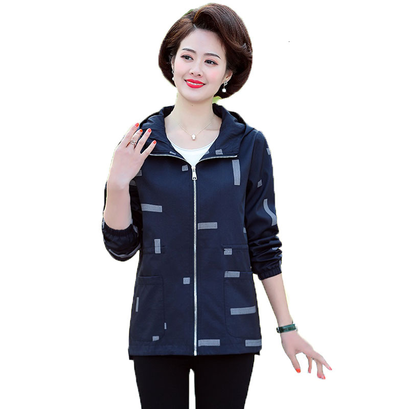 

2021 New Women's Short Zipper with Hoodie Middle-aged Jacket Coats Outerwear Spring Clothes Mother Tops 5DV7, Blue