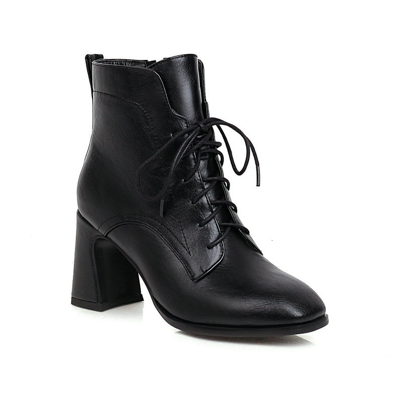 

2021 New Round Toe Lace Up All Match Women Autumn Winter Square Heel Ankle Boots Pu Leather Ladies Shoes Size 34-43 95we, Black