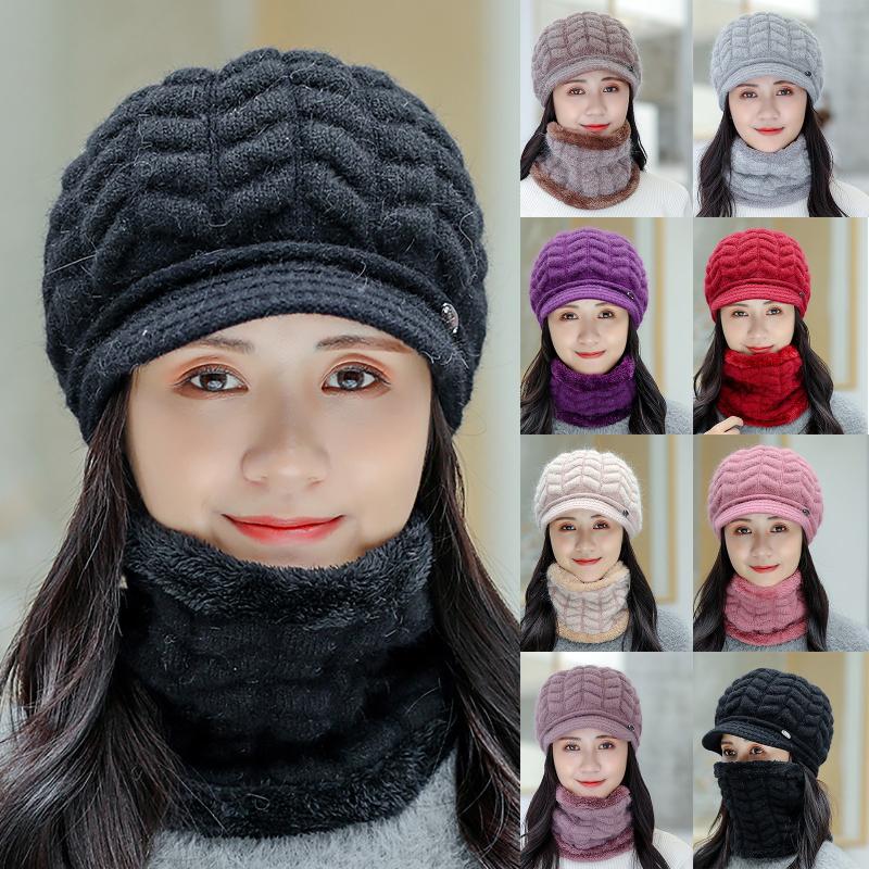 

Bonnets For Women Autumn And Winter Solid Color Woolen Hat Suit All-Match Warm Cotton Knit Hat Ladies Adult Casual Fashion, Black