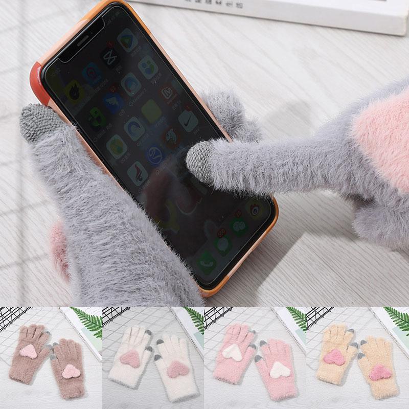 

Fashion Full Finger Gloves Plush Mittens Winter Warm Touch Screen Gloves Imitation Cashmere Soft Knitted With Love Heart