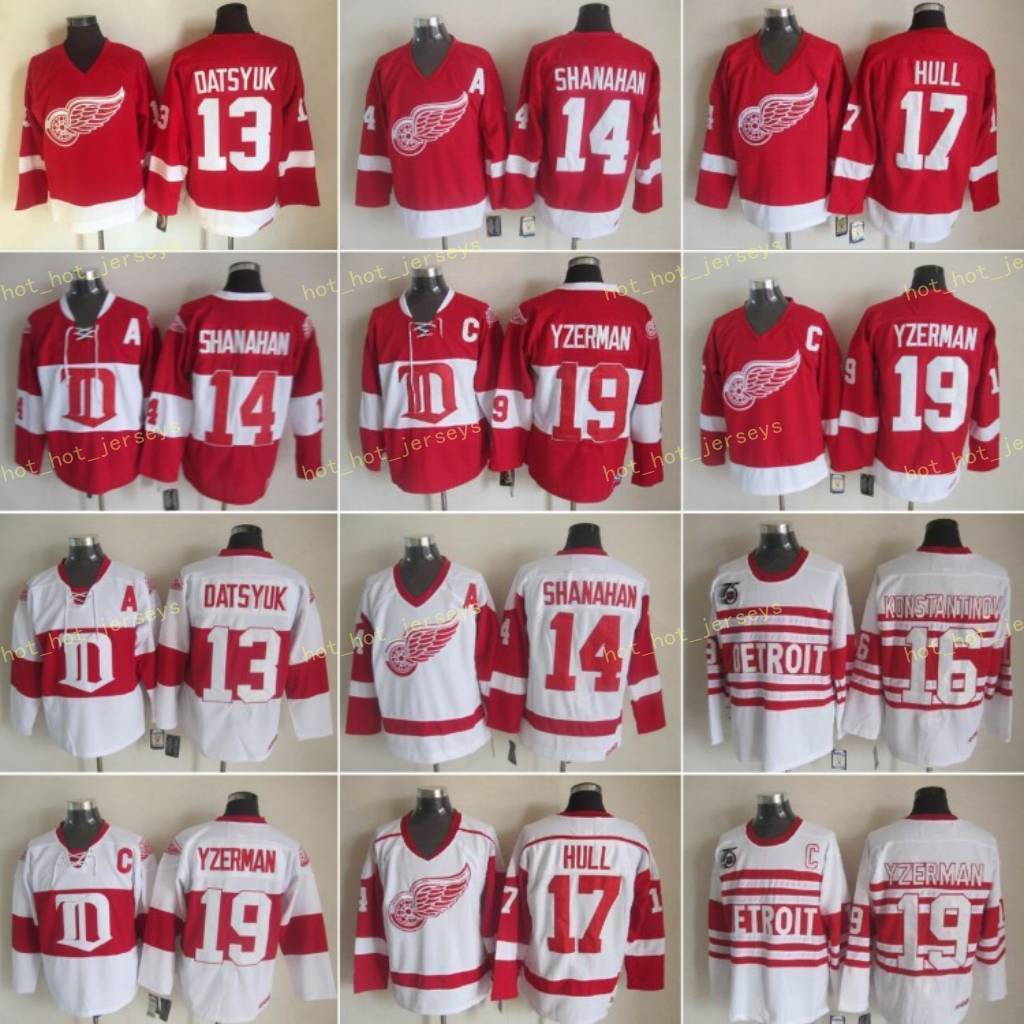 

Detroit 13 Pavel Datsyuk Red Wings Jersey 16 Konstantinov Man 19 Steve Yzerman 14 Brendan Shanahan 17 Brett Hull Red White Vintage Classic, Black;red