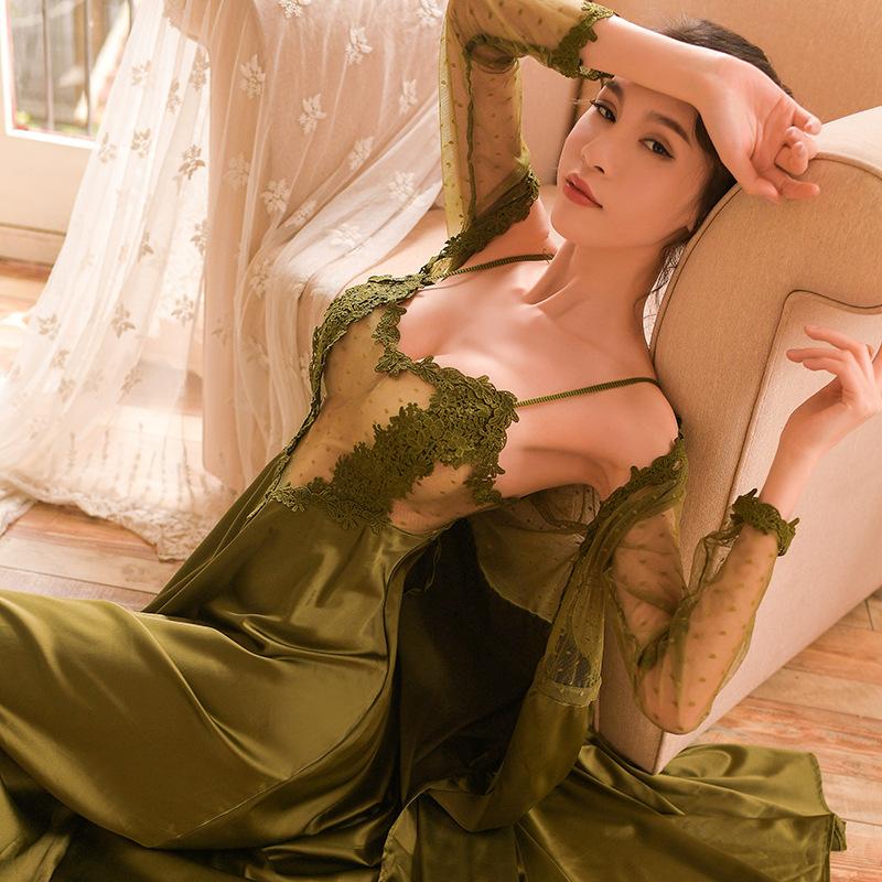 

Sexy 2pcs Mesh Lace Nighty&Robe Gown Sets New Spring Lady Satin Long Bathrobe Sleep Suit Intimate Lingerie Cami Dress Sleepwear, White - robe