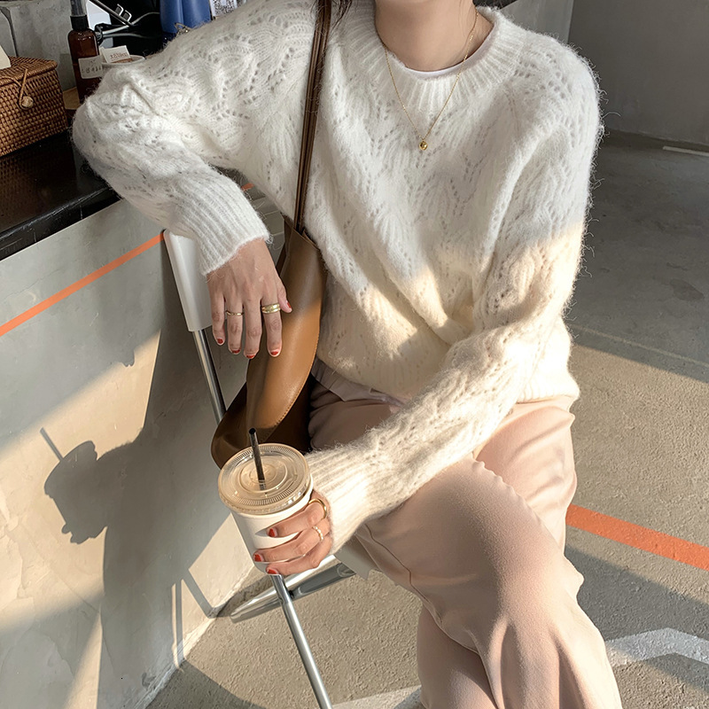 

2021 New Slouchy around the neck hollow pullover out woman's sweater solid soft winter wax versatile leisure top wool ISME, Blue