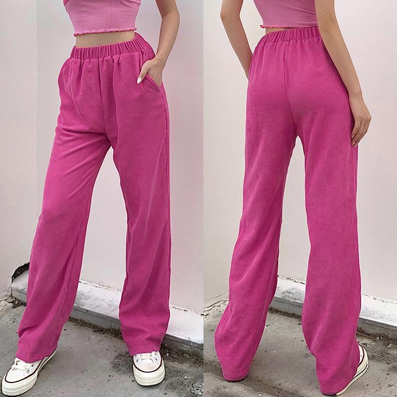 

New Fashion Pink Corduroy High Waist Pants Hip Hop Style Loose Pocket Long Pants Streetwear Girl Outfits Rave