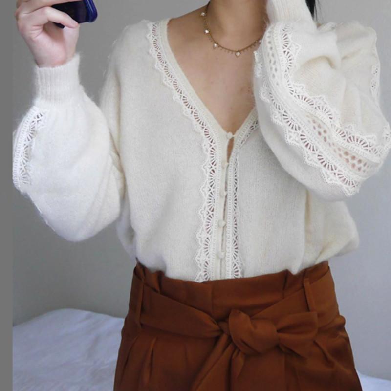 

Lace Hollow out Sweater Women' V-neck Long Sleeve White or Black Knitted Cardigans