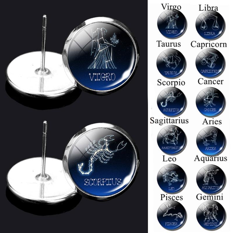 

Stud Vintage12 Constellation Zodiac Sign Earrings Silver Color Metal For Women Wedding Party Gifts Brincos Oorbellen