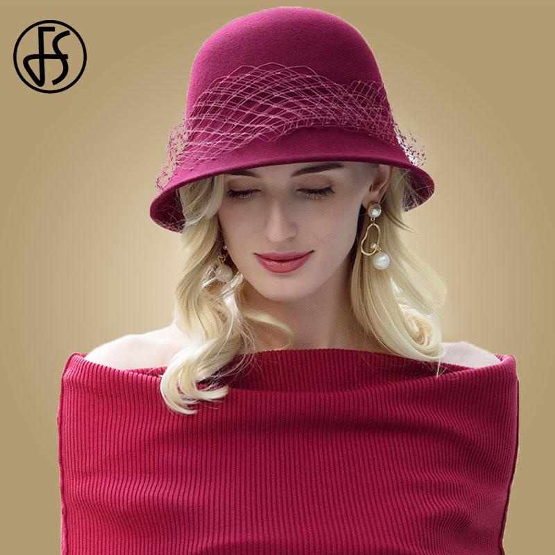 

FS Autumn Winter Wool Bowler Hats For Women Black Vintage Wool Felt Fedoras Hat Veil Solid Ladies Floppy Cloche Wide Brim Caps