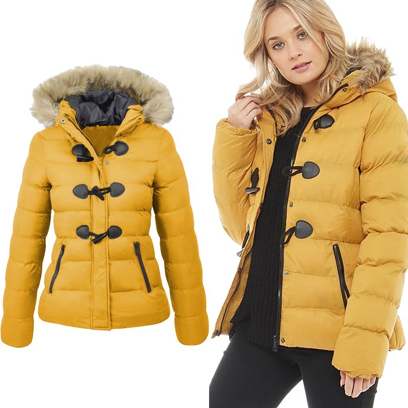 

2021 New Women Winter Snow Casual Fur Collar Horn Buckle Parkas Cotton Solid Jacket Hooded Coat Warm Clothes Masg, Yellow