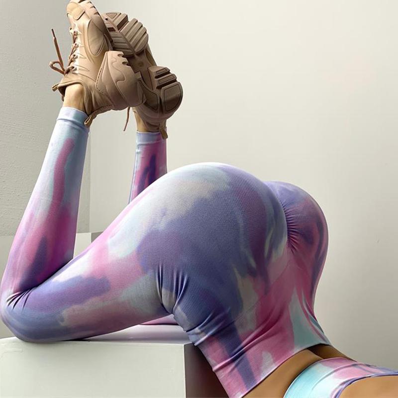 

New Tie Dying Leggings High Waist Sports Trousers Leggings Running Workout Clothes Fitness Pants Sportswear Women Yoga Set, Yellow pants 1pcs