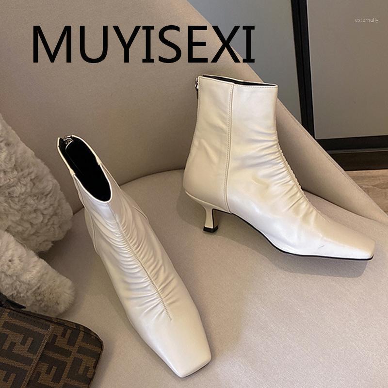 

Zipper ankle boots 5.5cm high heel square toe concise career European design microfiber elastic Black Beige DMJ42 MUYISEXI1